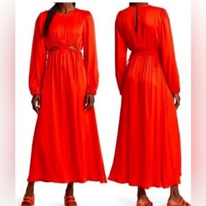 FARM RIO Red Satin Beaded Tassel Belt Cutout Waist Maxi Dress Long Sleeve XL